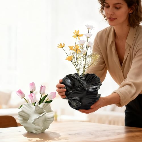 Ceramic Vase, Set of 2 Black & White Vases for Home Decoration | Flower Vase Minimalist Nordic Boho Style for Modern Farmhouse Decor, Living Room; Kitchen; Bedroom; Coffee Table; Office etc