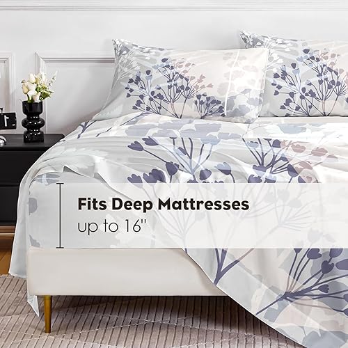 Miniatura 3 de Juego de sábanas Queen Estampado floral Sábanas de lujo de microfibra cepillada 1800 Sábanas refrescantes transpirables para cama tamaño Queen