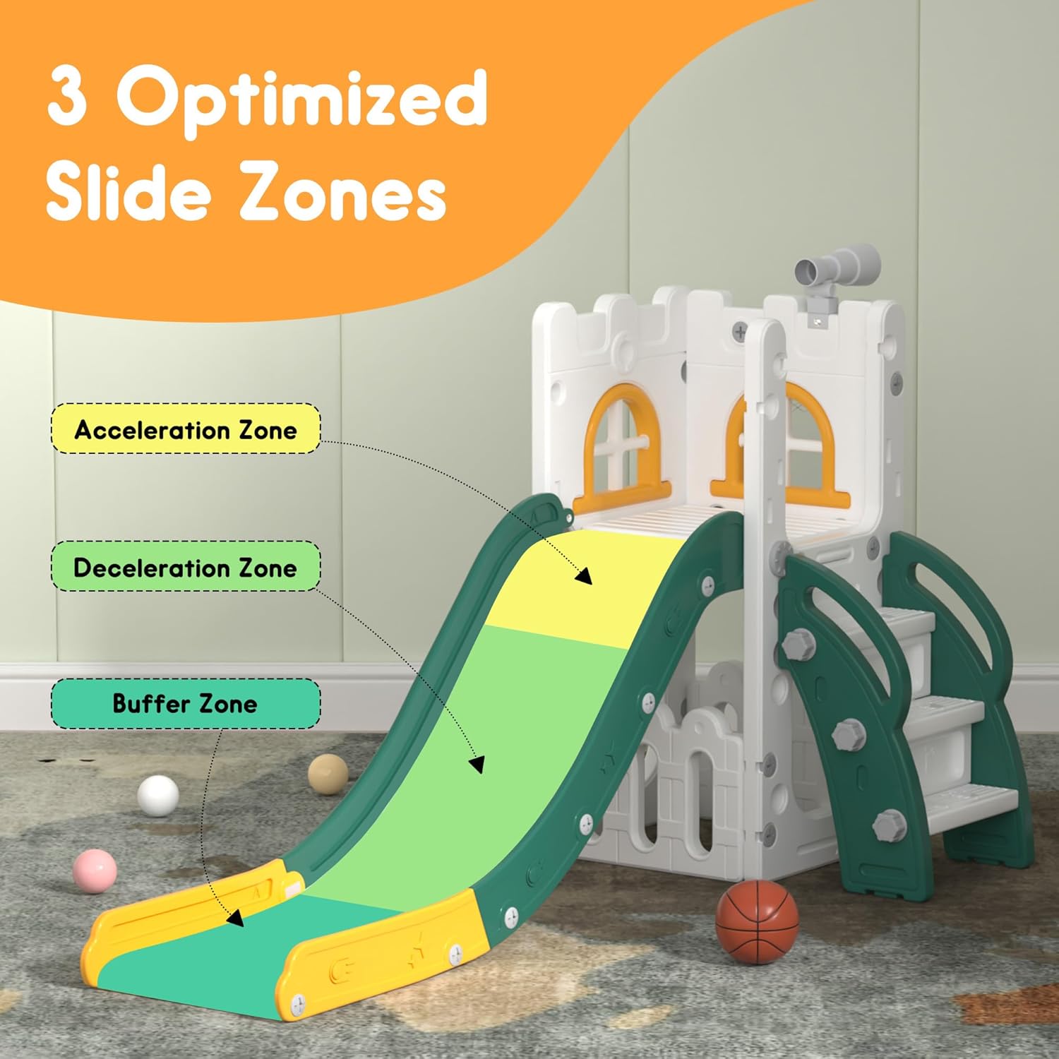 6 in 1 Toddler Slide,Kids Playset for Toddlers Indoor Outdoor, Baby Slide with Basketball Hoop, Telescope & Storage Space,Non-Slip Steps for Great Gift