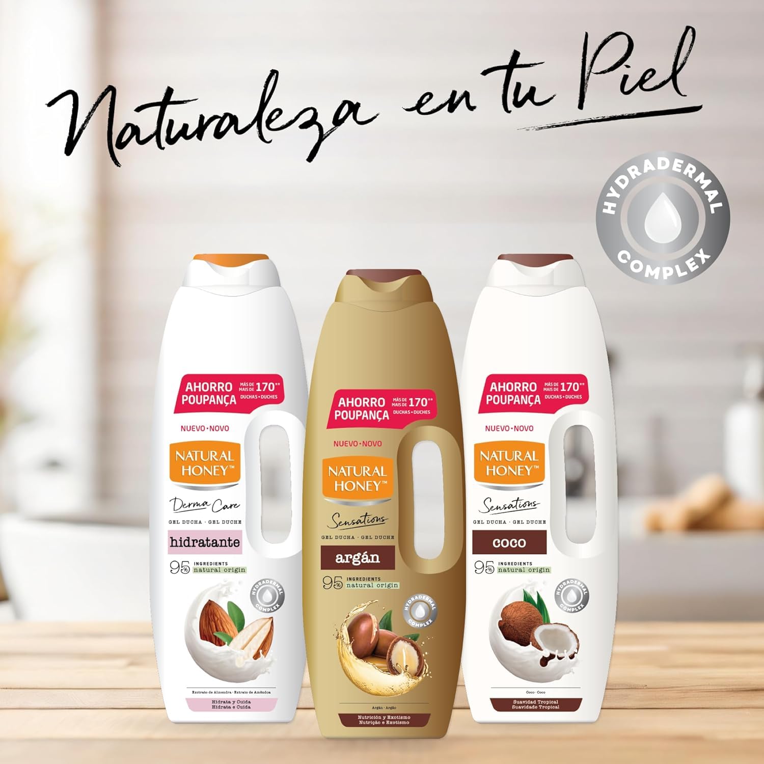 Natural Honey, Gel de Ducha Hidratante con Extracto de Almendras y Hydradermal Complex, Hidratación Intensa y Duradera para una Piel Suave, Fresca y Protegida, Línea Derma Care, 1350 ml