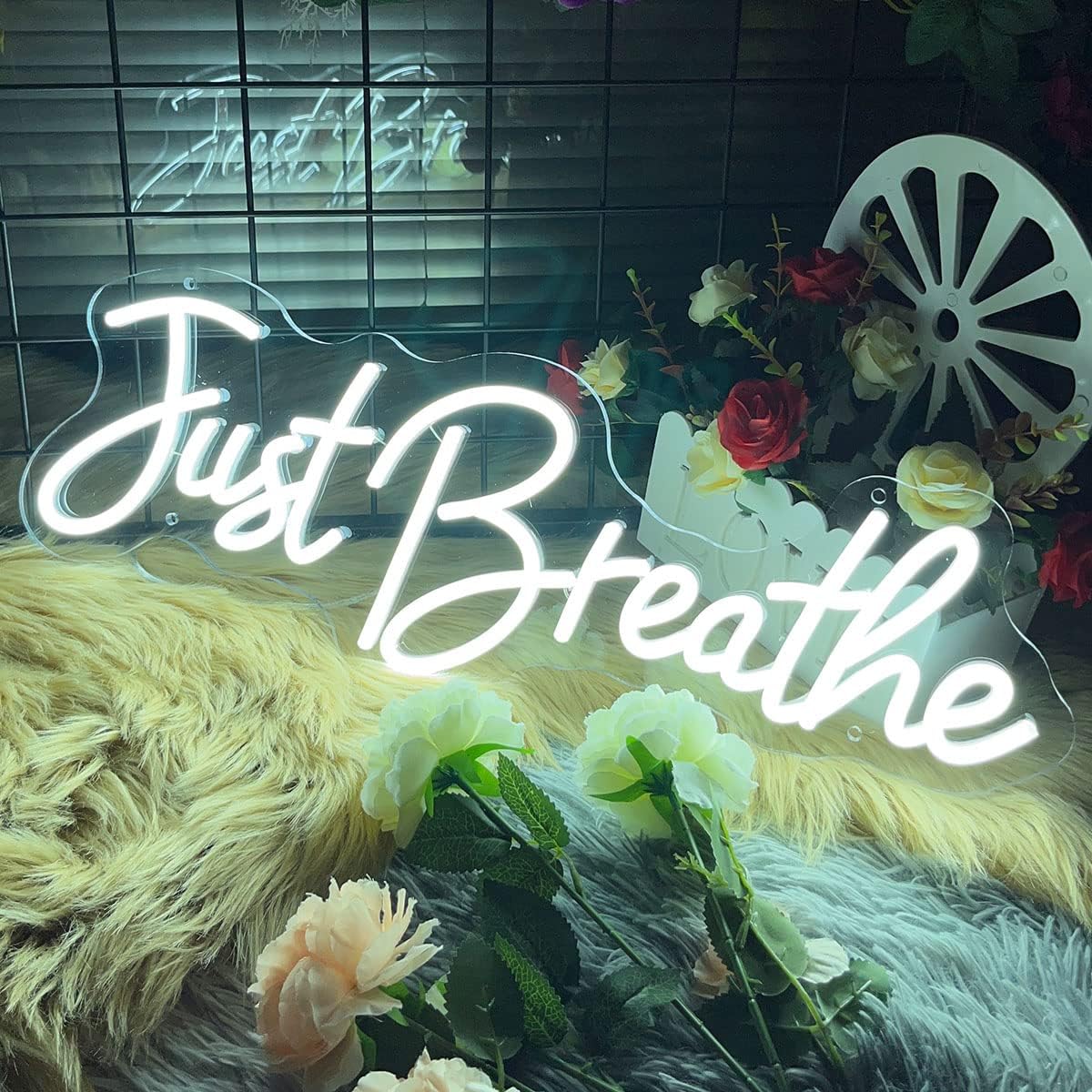 Just Breathe Neon Sign for Office Wall Decor White Neon Light Signs for Home Room Bedroom Decor Large Neon Signs Wedding Party Christmas Birthday Gifts for Women 21.6x7.5"