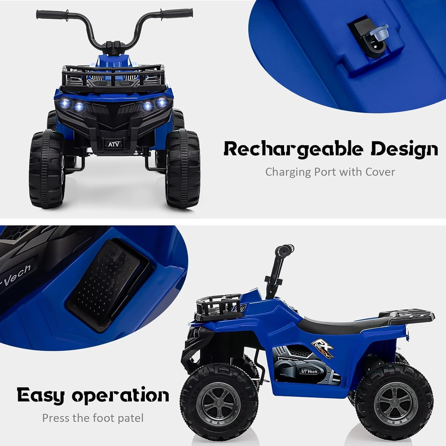 12V Quad Eléctrico para Niños 4.5Ah, 2 Motores, 4 Ruedas, 4 Faros LED Delanteros, Música, 2 Velocidades, para 2–5 Años, Azul