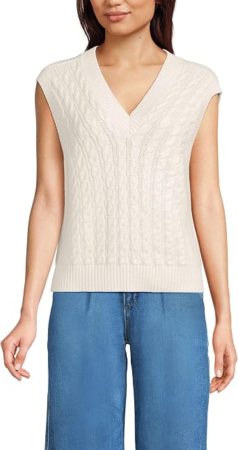Lands End Womens Drifter Modern Cable V Neck Vest Sweater