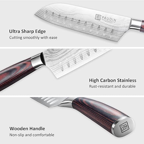 Miniatura 3 de PAUDIN Santoku - Cuchillo de chef de 5 pulgadas, cuchillo de cocina ultra afilado, cuchillo de chef japonés con funda, acero inoxidable de alto