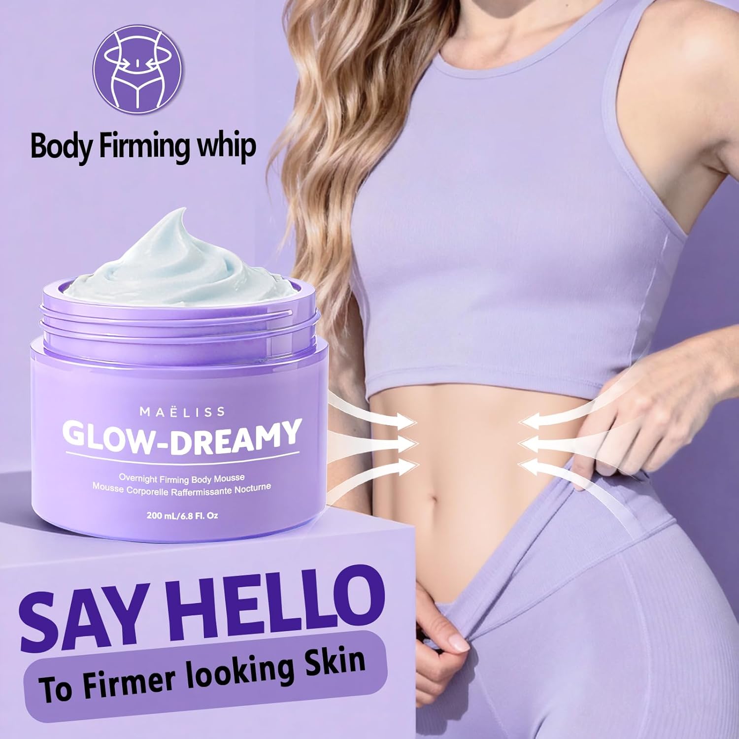 MAËLISS Overnight Toning Body Whip - Firming for Loose Crepey Skin on Arms, Thighs & Belly, Moisturizing & Anti-Wrinkle Night Cream to Improve Tone While You Sleep, 6.8 Fl oz