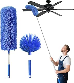 Cobweb Duster with Extension Pole, Washable Cleaning Duster Set with 2 Duster Heads, Spider Web Brush with Pole,high Ceiling Duster with Extension Pole,Cleaning Supplies,Ceiling Fan Cleaner