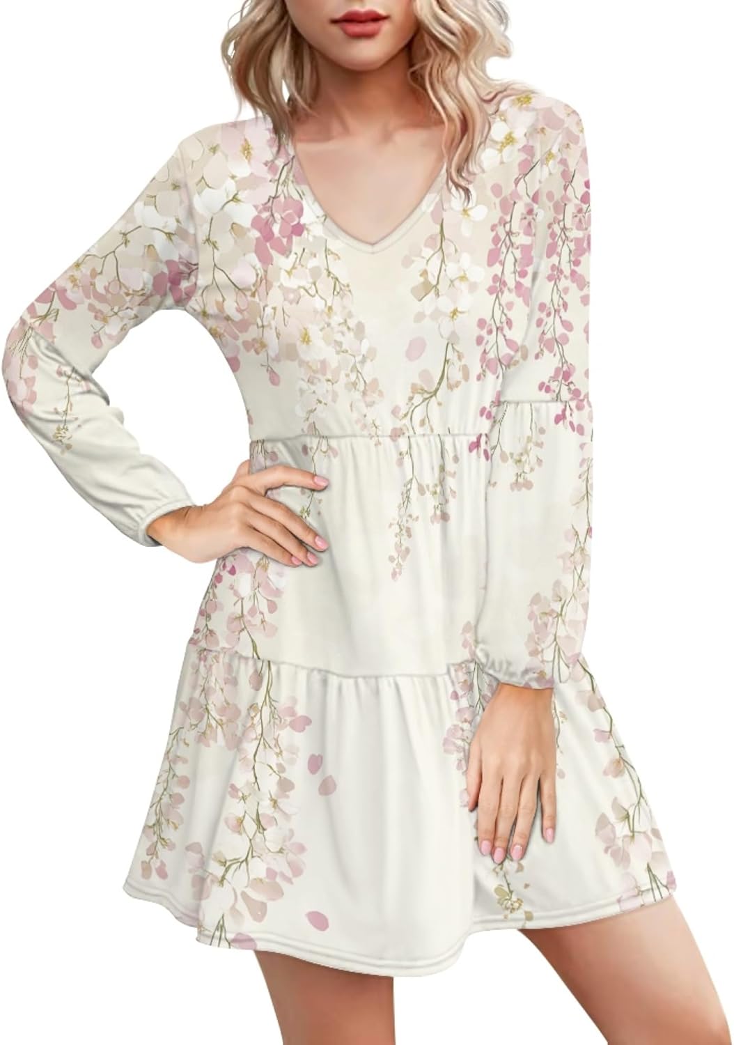 Women 2025 Floral Print Puff Long Sleeve V Neck Smocked Midi Casual Dress Empire Waist Tiered Swing Flowy Dress - Image 5