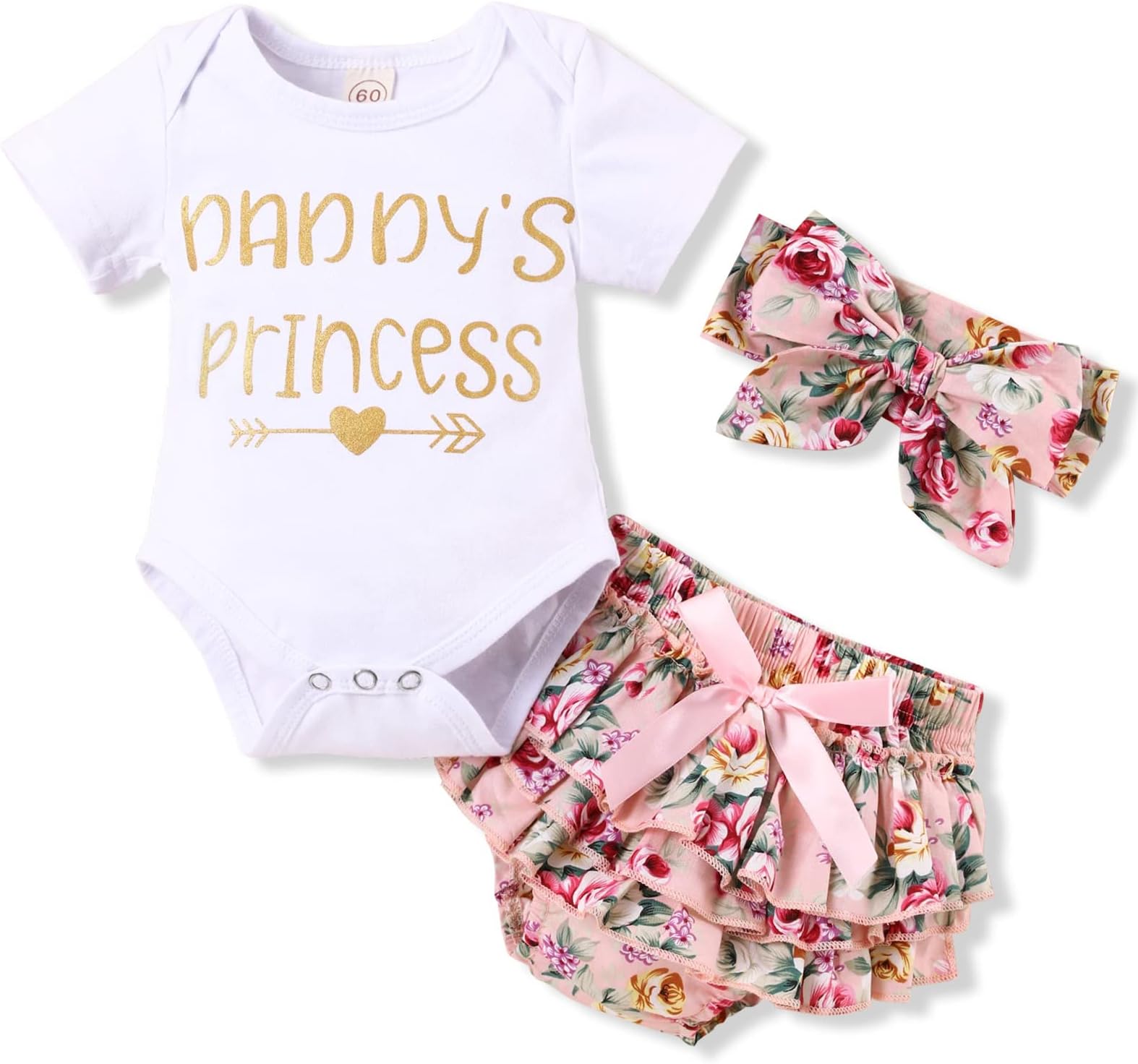 Newborn Baby Girl Summer Clothes Outfits Daddys Little Girl Short Sleeve Romper Infant Floral Shorts Set 3Pcsโฆ