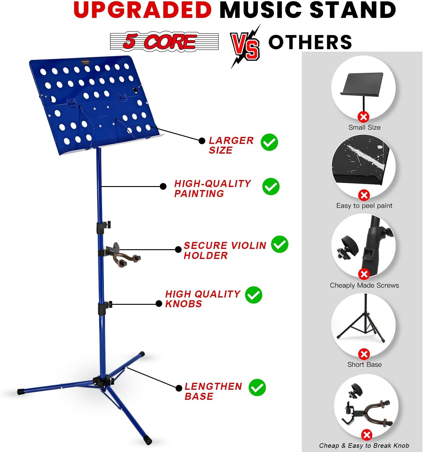 5Core Music Stand for Sheet Music Tripod Height Adjustable Portable Folding Note Holder Atril para Partituras w Light Clip - MUS FLD HD Acc BLU