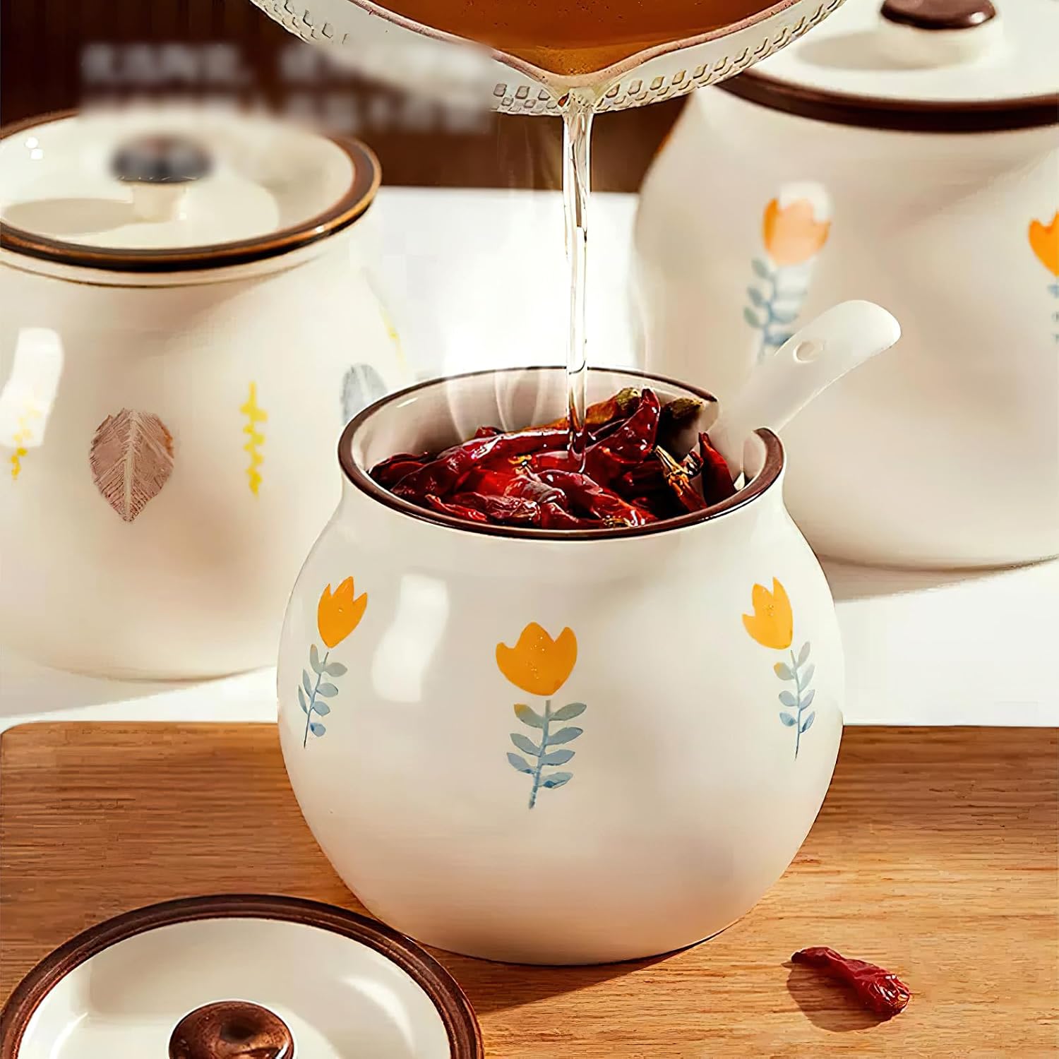 Ceramic Salt and Sugar Bowl, Porcelain Condiment Jars with Lid and Spoon, Seasoning Spice Pot Bowl, Salt Sugar Pepper Storage Jar, 400ml, Yellow Flower
