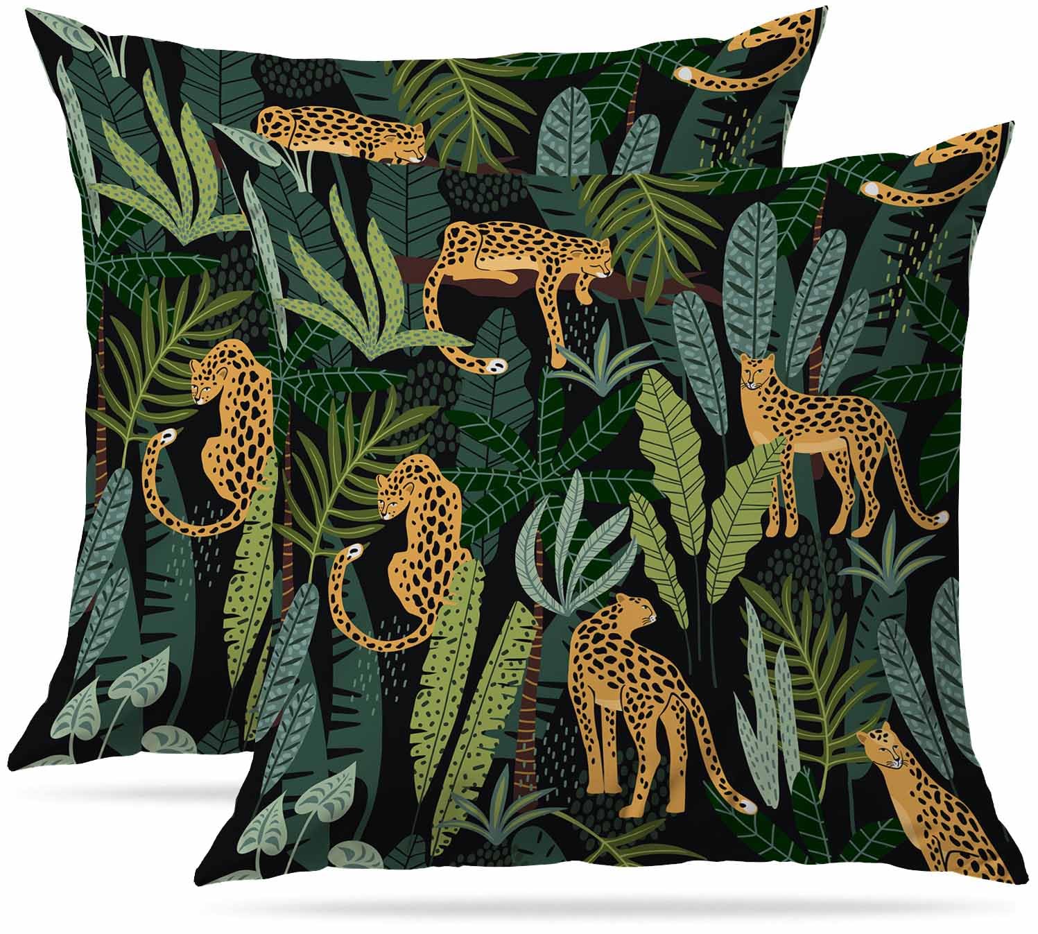 Zovinex Leopards And Tropical Leaves Cushion Covers 40 X 40 Cm Set Of 2 Soft Short Plush Decorative Square Throw Pillow Case Pillowcases For Sofa Bedroom Outdoor Home Office Car Decor With Invisible Zipper
