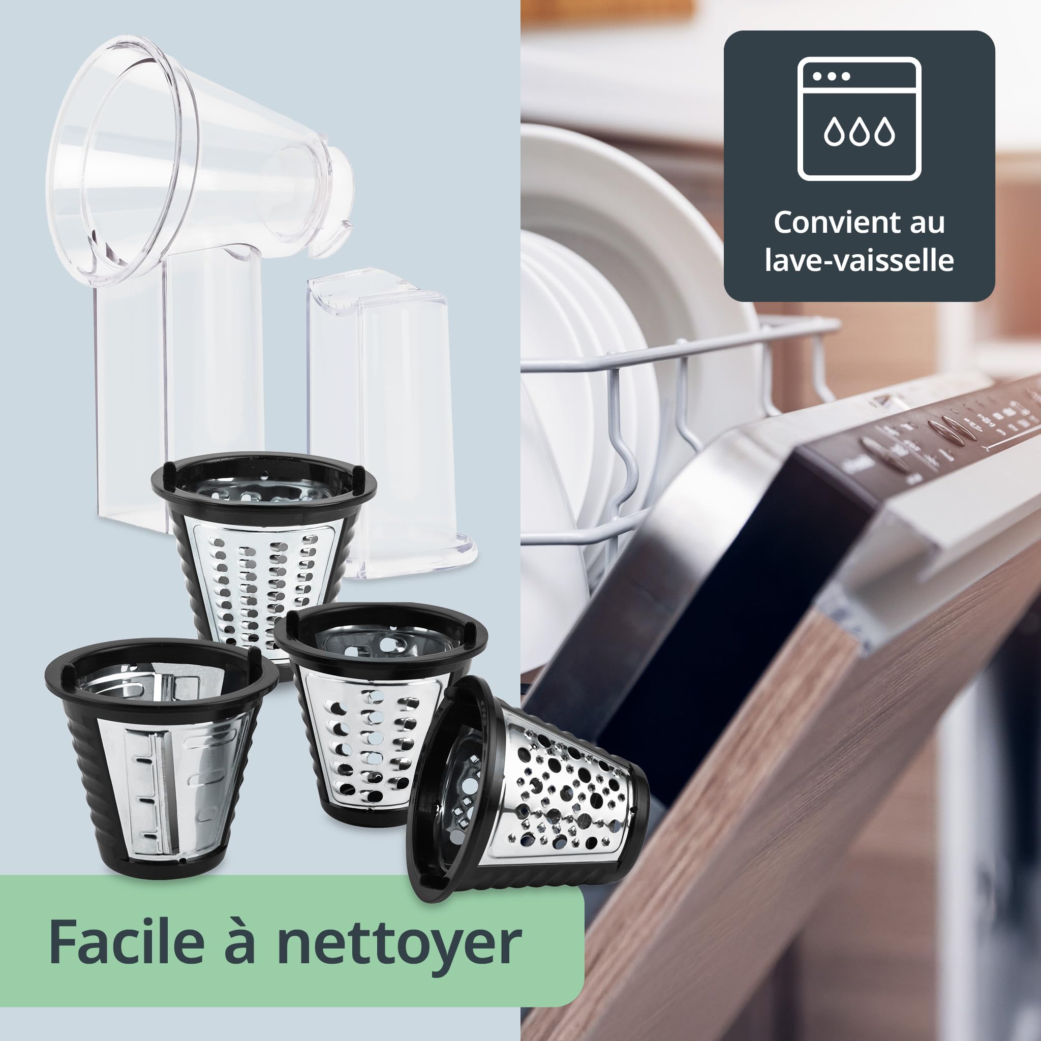 ADE Râpe de cuisine électrique | max. 500 W | découpe legumes facilment, fromage, carottes, chocolat | coupe légumes | 4 accessoires | boîtier en acier inoxydable