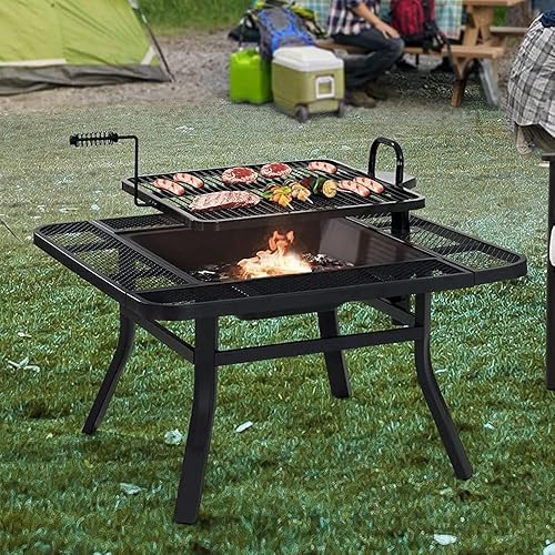 Sunjoy Fogata de 38 pulgadas para exterior, hoguera cuadrada de leña de acero grande con parrilla giratoria ajustable para barbacoa y póquer de fuego
