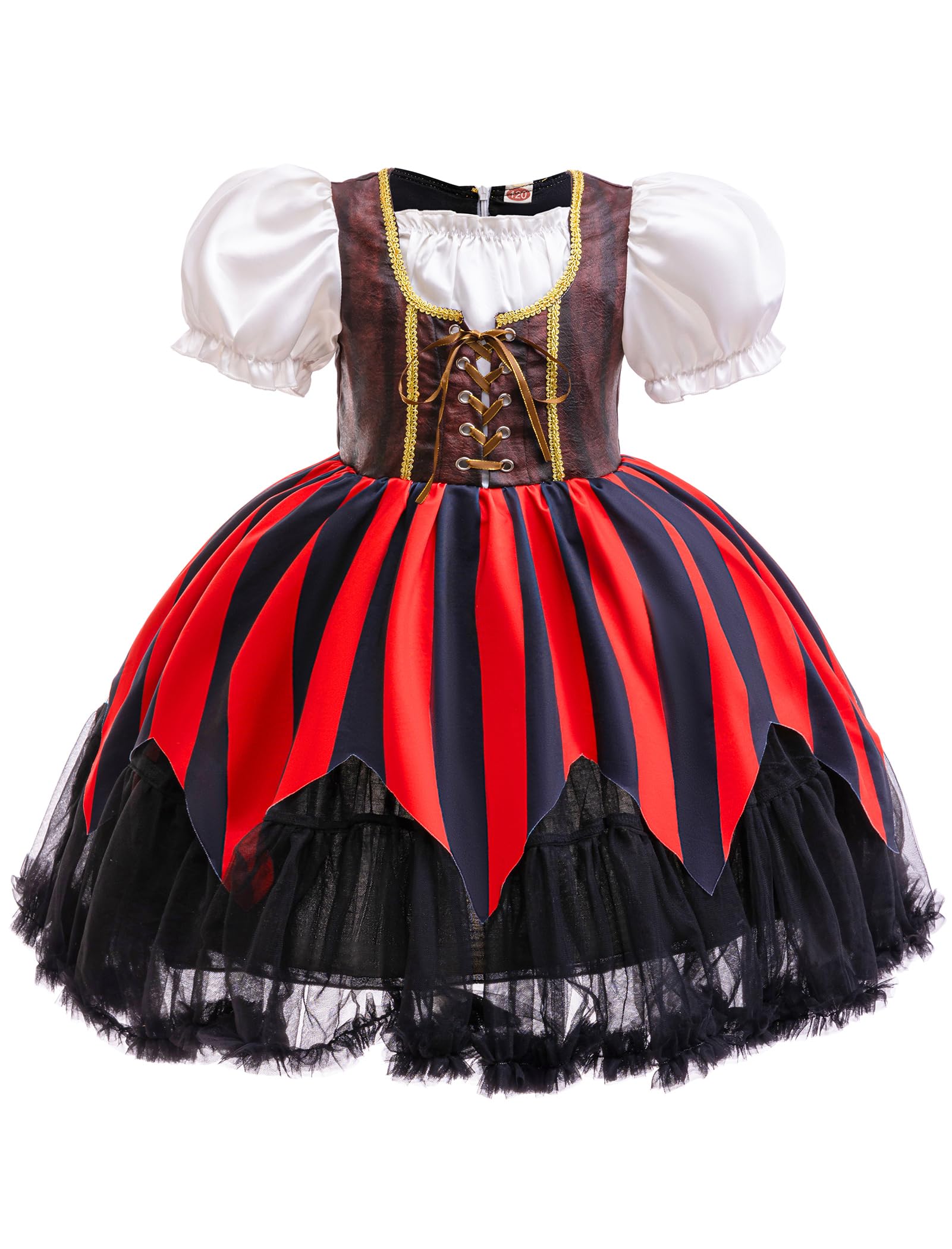 AGYMNX Girls Pirate Costume with Headband Short Bubble Sleeves A-Line Fluffy Dress for 3-9Y Girls Pirate Theme Party Dress up Black-Red 100cm - Image 2