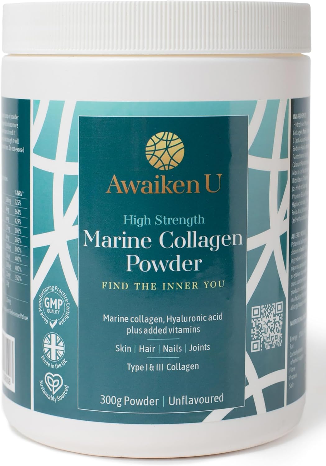 High Strength Marine Collagen Powder-Hydrolysed Collagen Peptides- Hyaluronic Acid & VIT C for Easy Absorption.- Anti- Aging-Skin, Hair & Nails- Joints-10,000mg, Unflavoured 300g- UK Made- AwaikenU