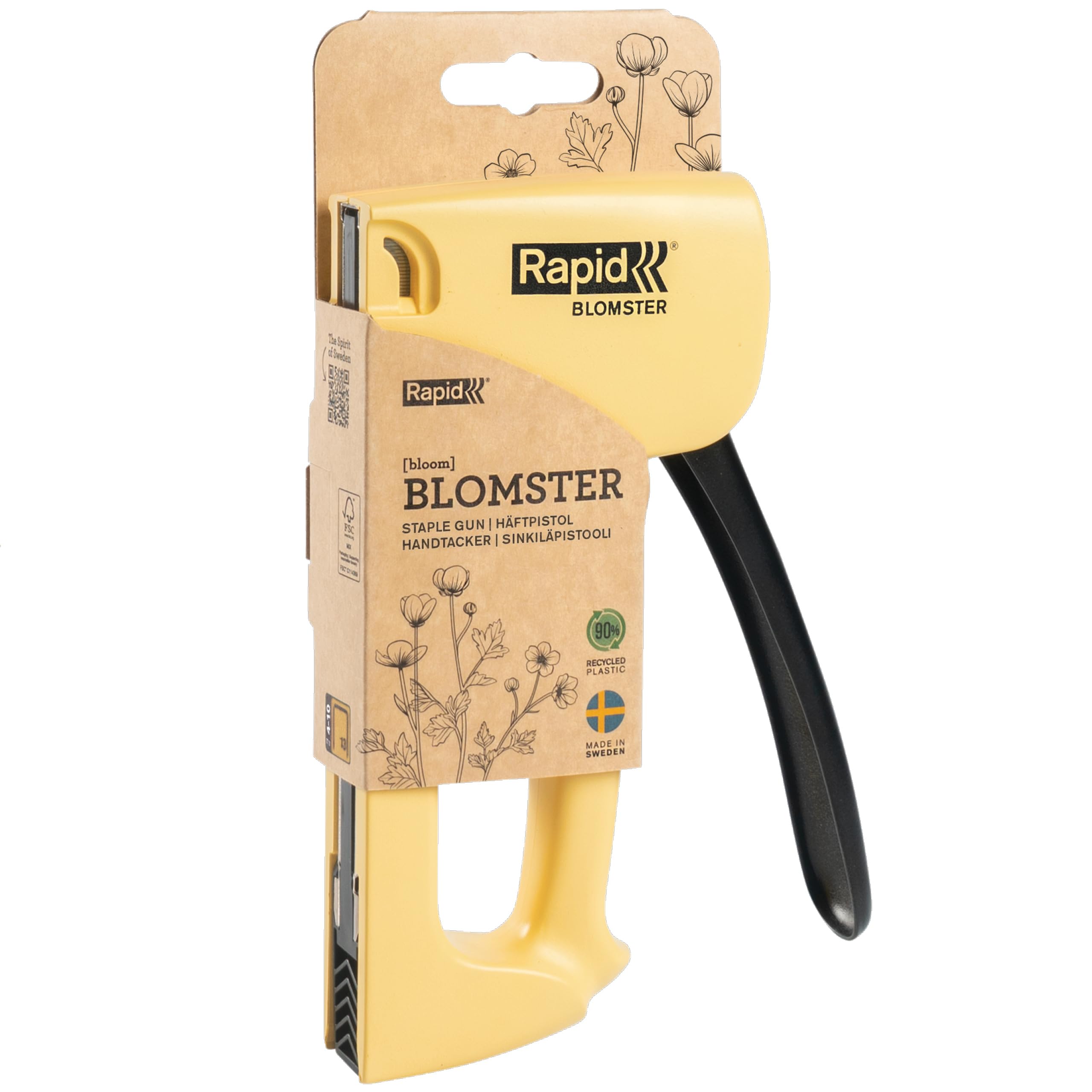 Rapid R13 Graffatrice per Tessuti e Tappezzerie. Realizzata con Plastica Riciclata al 90% e Acciaio, Prodotta in Svezia, Compatibile con graffette n. 13 da 4-10 mm, Giallo Blomster