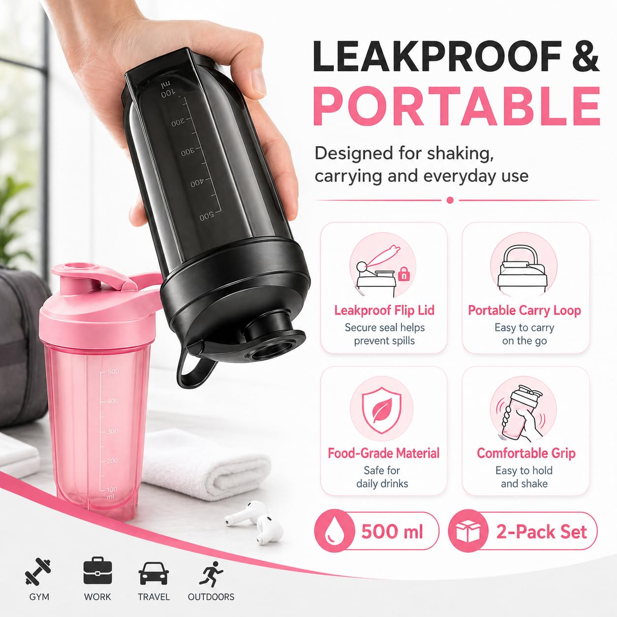 2 sztuki shaker do białka, 500 ml, kubek z kulką do blendera i skalą do picia, szczelny i odporny na uderzenia – butelka do fitnessu do uprawiania sportu, treningu i podróży (czarna + różowa)