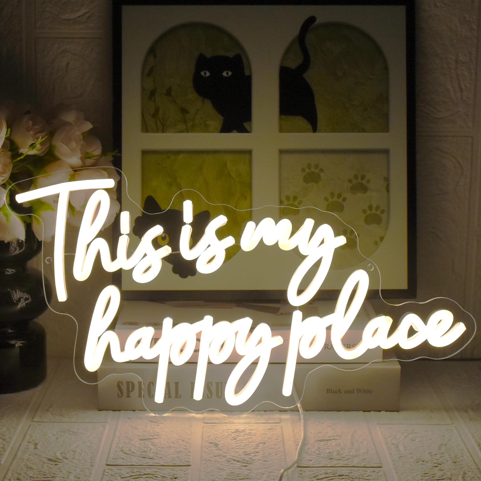 UExnkj-Y This is My Happy Place Neon Sign Warm White Letters Neon USB LED Neon Signs for Bedroom, Playroom, Bar, Party, Birthday