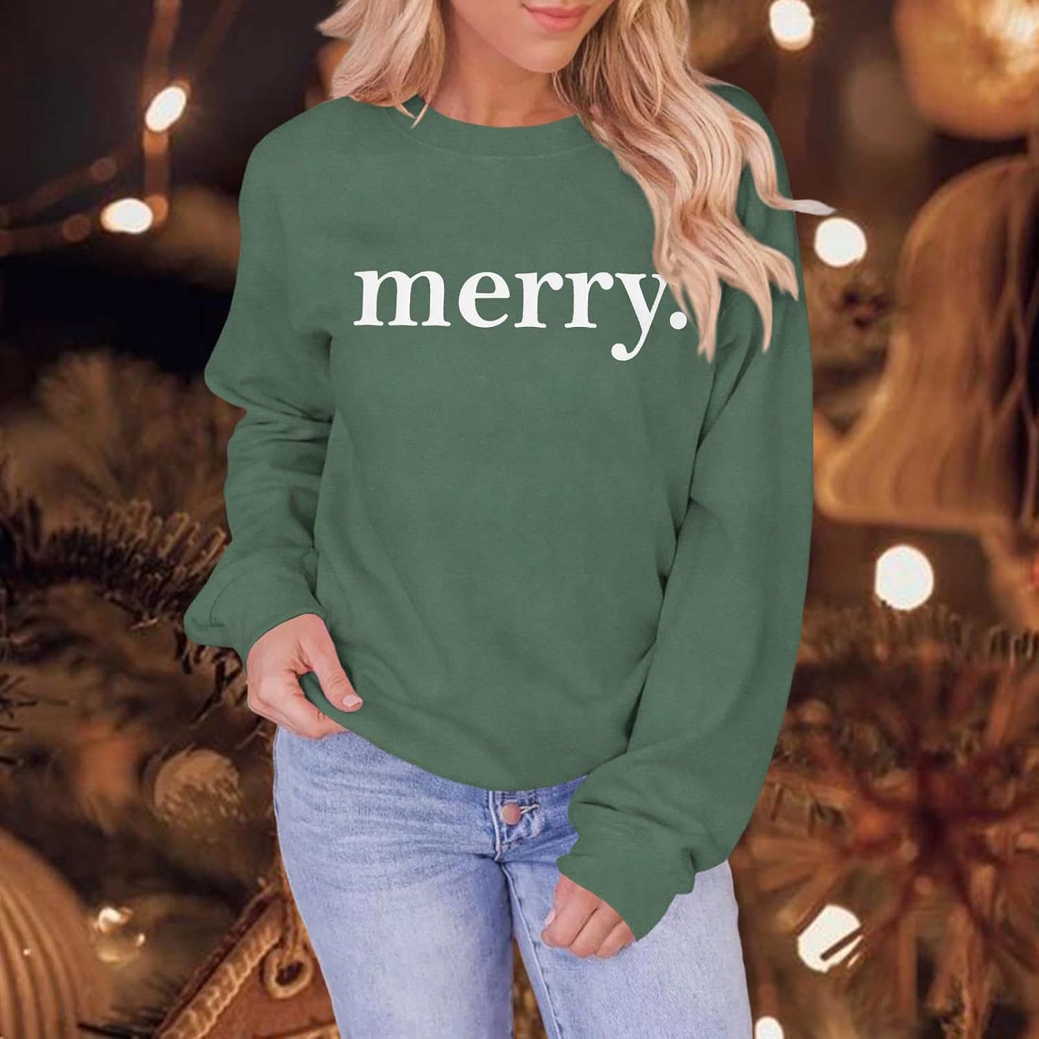 SOFEON Merry Christmas Sweatshirts For Women Holiday Long Sleeve Shirts Letter Print Crewneck Pullover Oversized Tops - Image 4