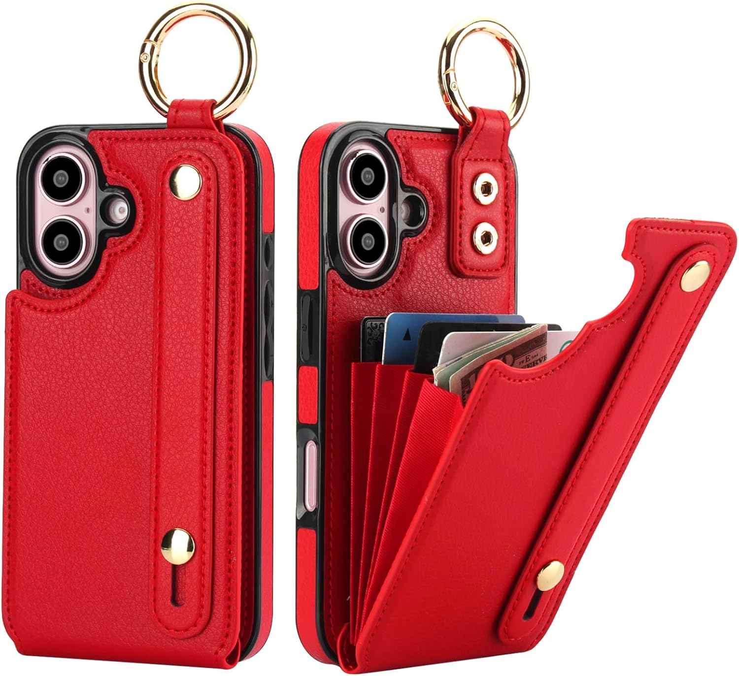 Folosu for iPhone 16 Wallet Case with Card Holder, Hand Wrist Strap Loop Holder Kickstand, RFID Blocking Finger Grip Ring PU Leather Double Buttons Shockproof Cover 6.1 Inch Red