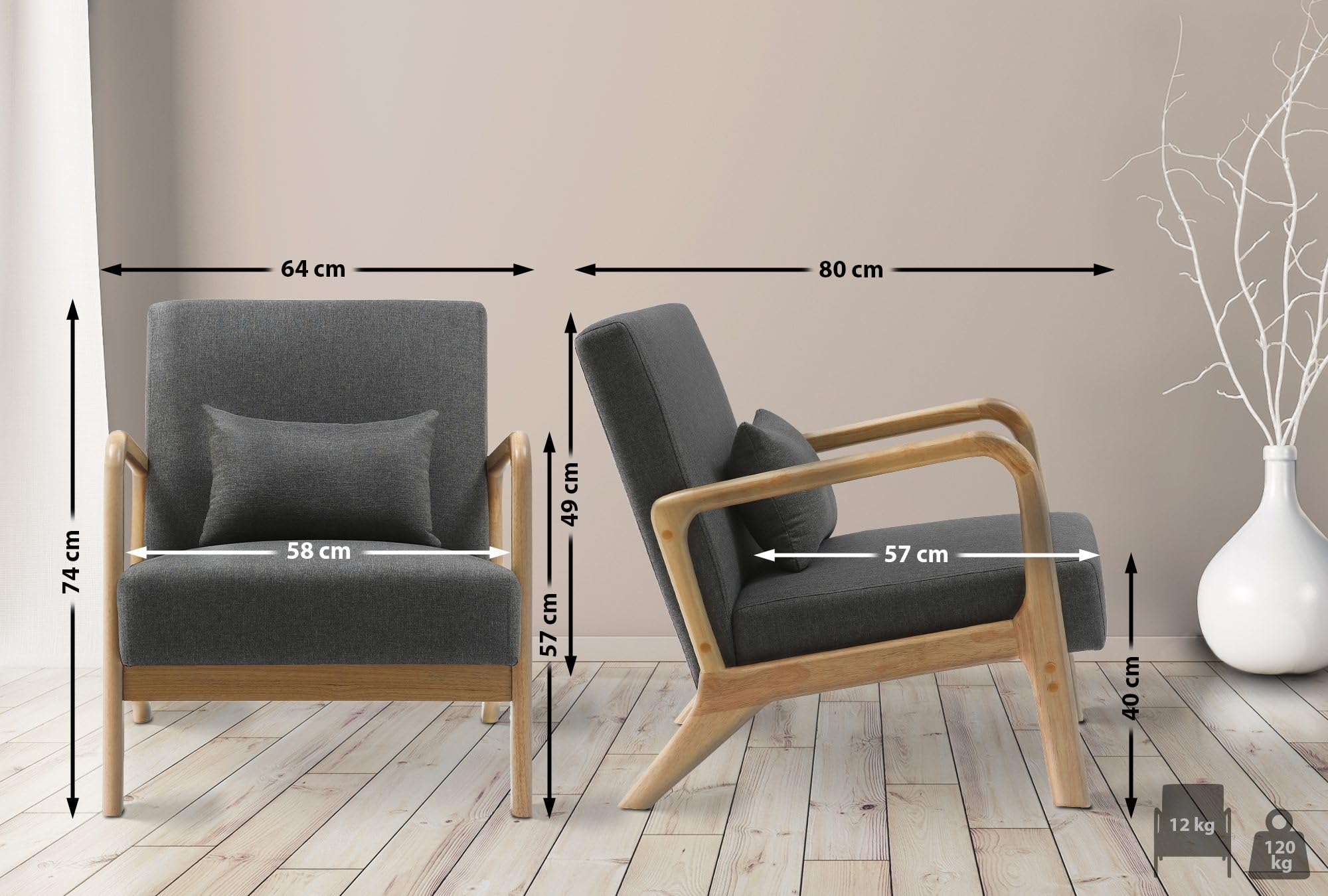 CLP Relaxsessel Hibbing I Komfortabler Polstersessel mit Stoffbezug I Gestell aus Kautschukholz I Sessel für Wohnzimmer und Schlafzimmer, Farbe:dunkelgrau