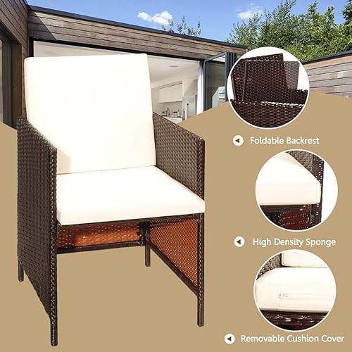 Miniatura 8 de Happygrill Juego de 9 piezas de comedor para patio al aire libre con asiento acolchado mesa de comedor que ahorra espacio con mesa de madera de