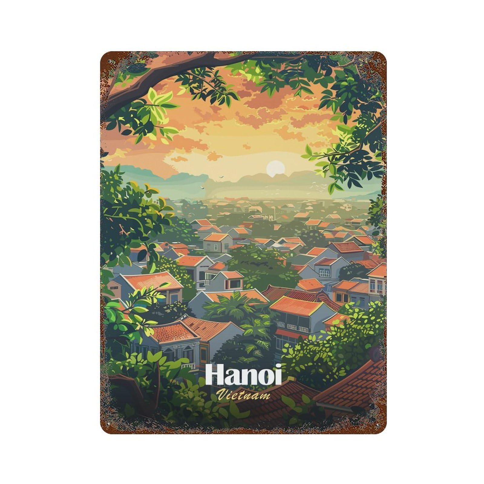 Garage Style Hanoi, Vietnam Cityscape Illustration Aged Metal Wall Plaque 15.7"x11.8", Decorative Metal Wall Art for Bar And Workshop