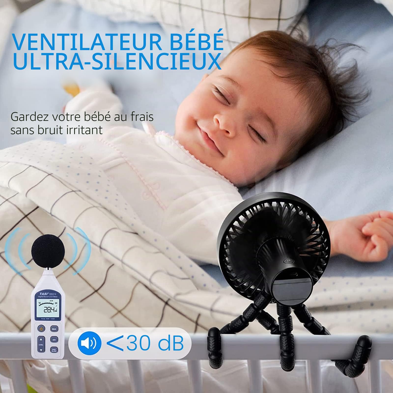 Ventilateurs pour Poussettes, Ultra Silencieux Ventilateur USB portable, Mini Fan avec Trépied Flexible, 3 Vitessesc avec Rechargeable, pour Poussette, Siège d'Auto, Tente, Bureau, Chambre