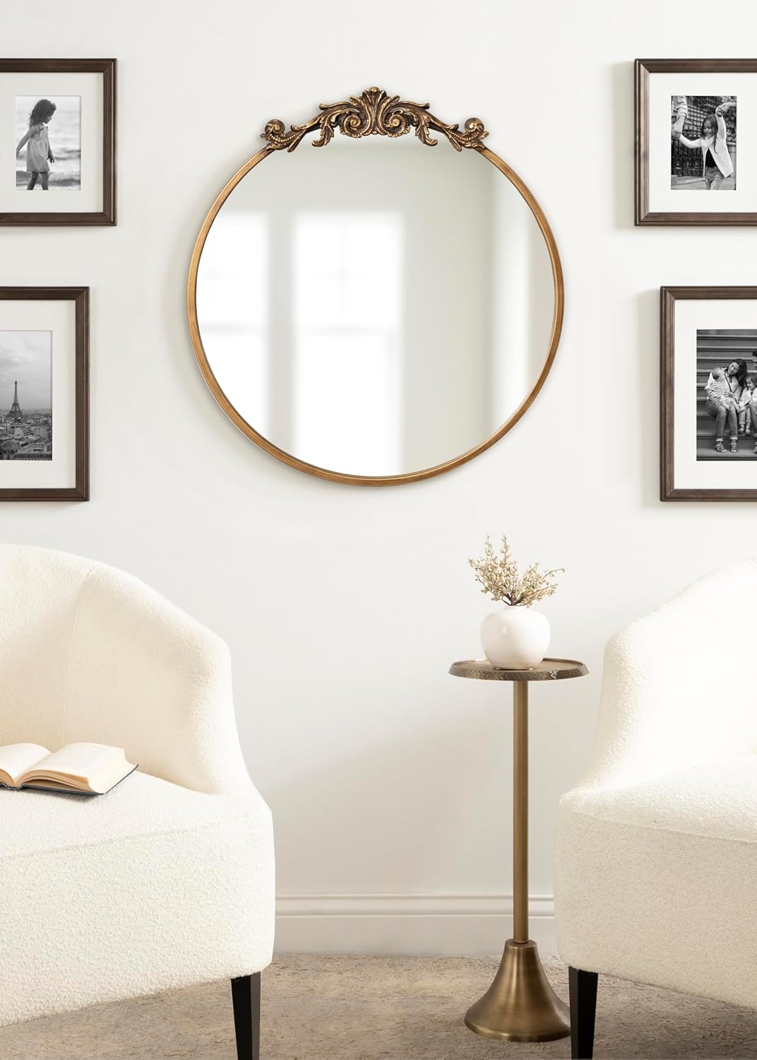 Kate and Laurel Arendahl Ornate Glam Round Mirror; 24 Inch Diameter; Gold; Dramatic Baroque Style Wall Mirror for Vintage Antique Inspired Home Decor Aesthetic