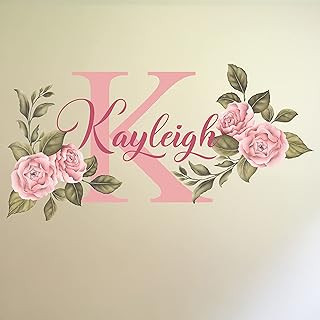 waldo Name and Initial Peonies Wall Decal - Kids Wall Decor - WM33. Custom Name Removable Nursery Wall Decal for Girl - Flower Mural Wall Decal for Girls Bedroom