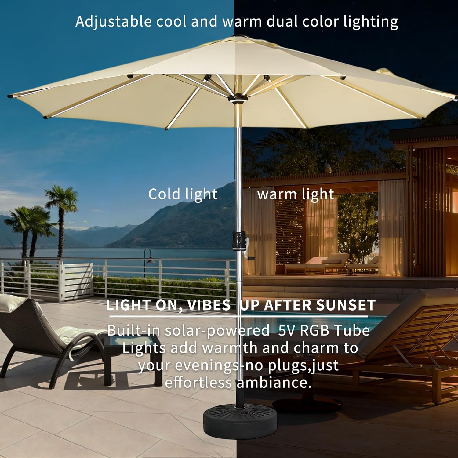 10FT 1.9" 18.5Wh Solar Patio Umbrella, 10W Solar Panel, 3000LM Dual Color LED Lighted Umbrella, Aluminum Frame, 8 Ribs, Crank and Tilt, Outdoor Market Umbrella for Garden, Deck, Commercial Use