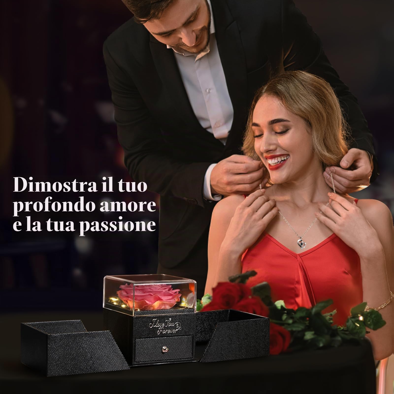 Emibele Vera Rosa Conservata con Collana a Cuore, Fiori Eterni, Rose Eterna, Vero Fiore di Rosa per San Valentino, Natale, Anniversario, Compleanno, Regali Romantici per Donne, Moglie, Fidanzata