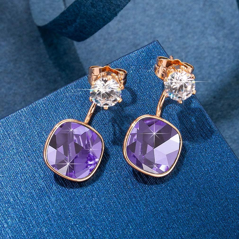 Austrian Crystal Front Back 2 in 1 Square Cushion Drop Earrings for Women 14K Gold Plated Hypoallergenic Earring Jackets