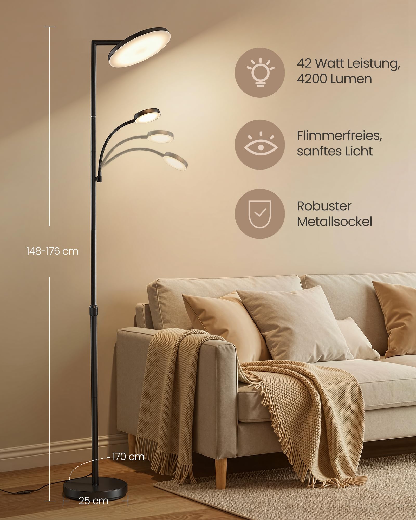 VASAGLE Stehlampe Wohnzimmer, LED-Stehleuchte höhenverstellbar, Standleuchte 42W, drehbarer Lampenkopf, Schlafzimmer, Büro, Leselampe, Timer, Tasten- und Fernbedienung, mattschwarz LFL028BD02