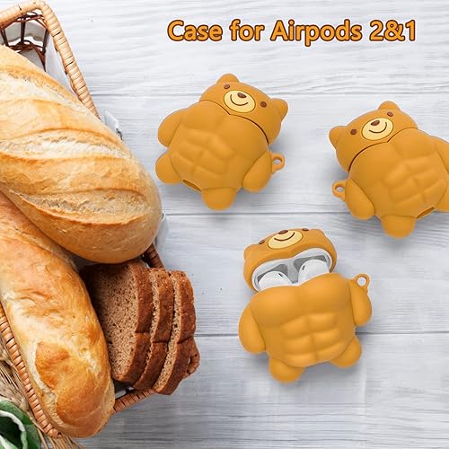 Miniatura 3 de Funda para AirPods con diseño de oso musculoso con llavero de silicona suave, compatible con AirPods de 1ª y 2ª generación