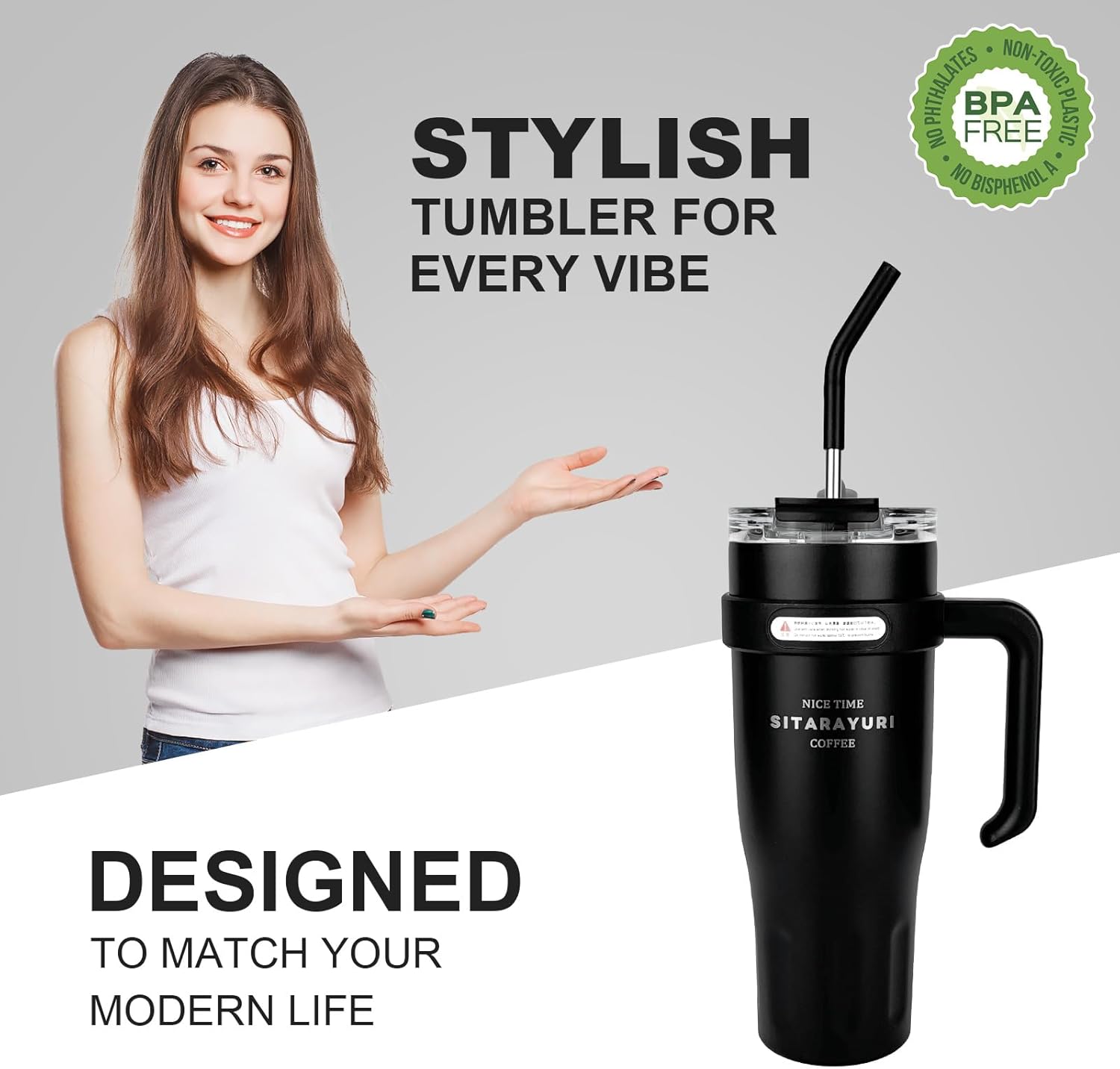 40 oz Tumbler with Handle, 2-in-1 Straw and Sip Lid, Leakproof, Dishwasher Safe, Insulated Stainless Steel Travel Coffee Mug, Keeps Cold for 34 Hours, Fits in Car Cup Holder (Black) - Image 6