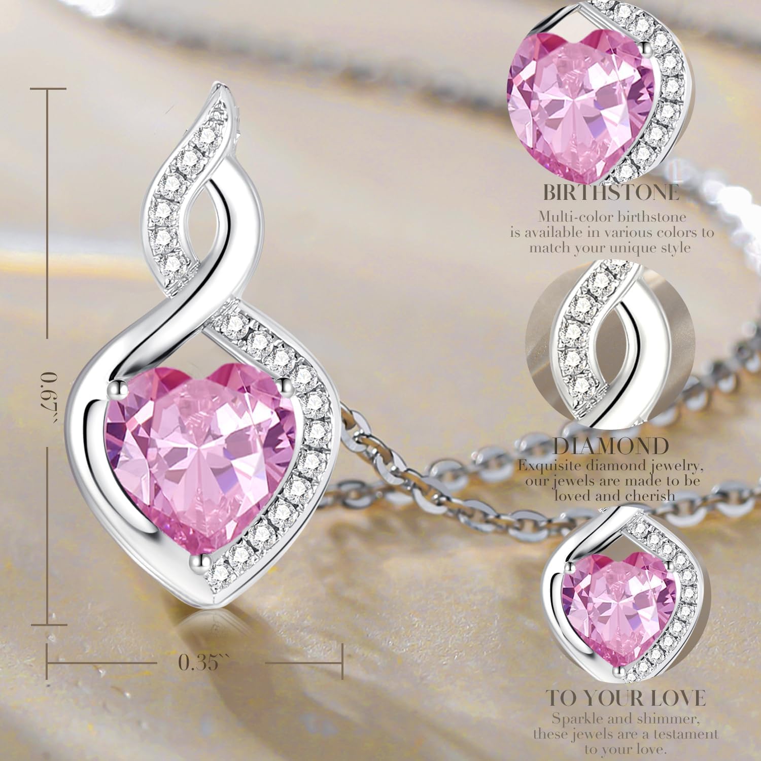 FANCIME 14K Solid White Gold Heart Birthstone Necklace with Diamond Pendent Birthday Gifts for Mom Women, Sterling Silver Chain 16" + 2" Extender - Image 3