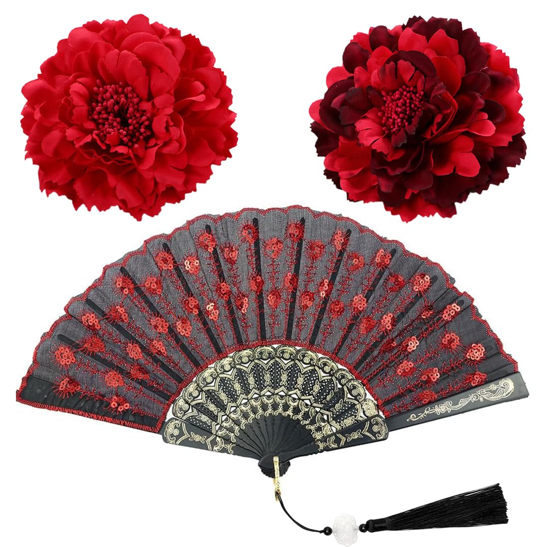 Horquillas flamenco flores artificiales peonias rojas abanico grandes pelo grueso fino playa mujeres niñas