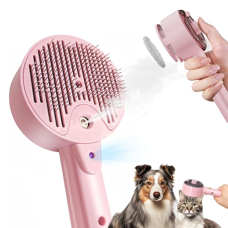 Escova para gatos e cães com spray de 2 velocidades, luz azul e botão de limpeza belieonu