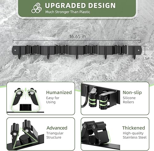 Miniatura 2 de Batur Paquete de 2 soportes de pared para escobas, soporte de escoba mejorado, soporte de pared resistente para trapeador y escoba, súper