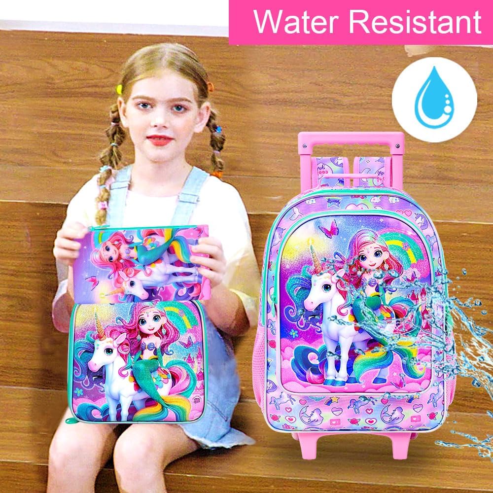 AGSDON 3PCS Kids Rolling Backpack, Girls Roller Wheels Bookbag, Wheeled Elementary School Bag with Lunch Bag - Mermaid - Image 7