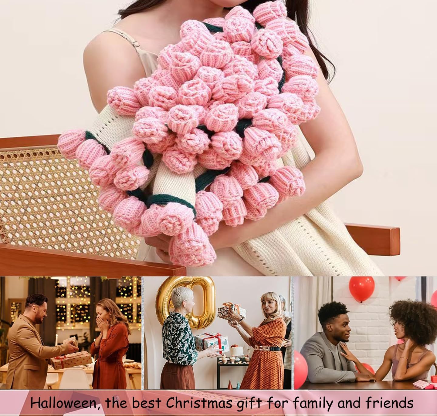 Crochet Flowers pink Rose Blanket Bouquet Knitted Throw Blanket For Couch Soft Blanket Gifts For Valentine's Day Teacher Mom Graduation Birthday Women Home Decor 43 Inches