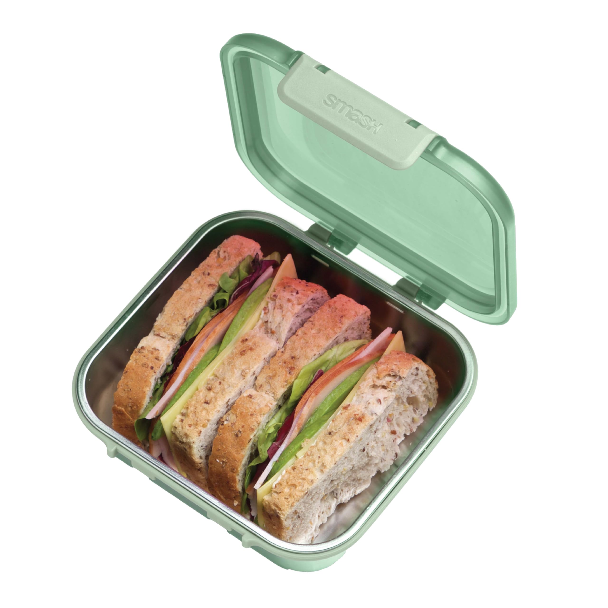 Smash 900ml /30 oz Microwave Safe Stainless Steel Meal/Sandwich/Lunch Box with Green Hinged Lid – Leak-Proof Clip Closure, Silicone Seal, BPA-Free