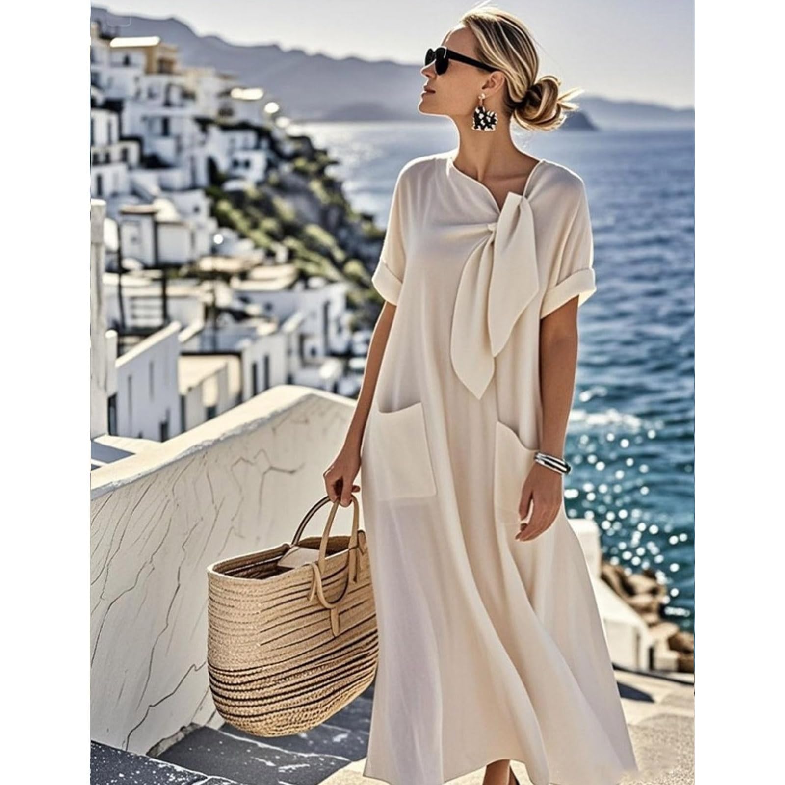 Vestido largo con cuello de lazo para mujer, manga corta, color sólido, holgado, acampanado, con bolsillos, vestido de verano casual de playa para vacaciones