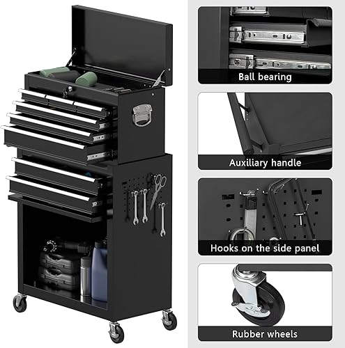 Miniatura 5 de Cofre de herramientas de alta capacidad de 8 cajones con 4 ruedas, caja de herramientas con cerradura y armario de almacenamiento de herramientas,