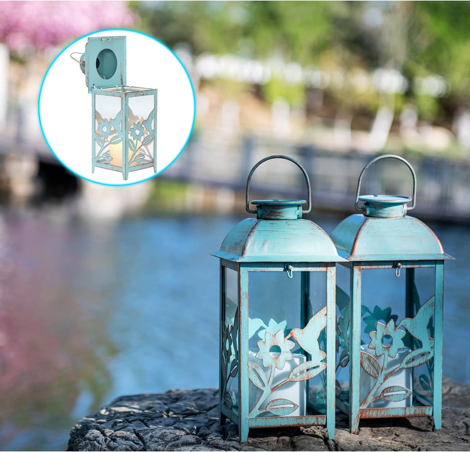 SteadyDoggie Solar Lanterns 2 Pack Hummingbird Blue - Hanging Solar Lights with Flickering Candle LED - Retro Ornate Hanging Solar Lantern with Handle (Blue, 2)