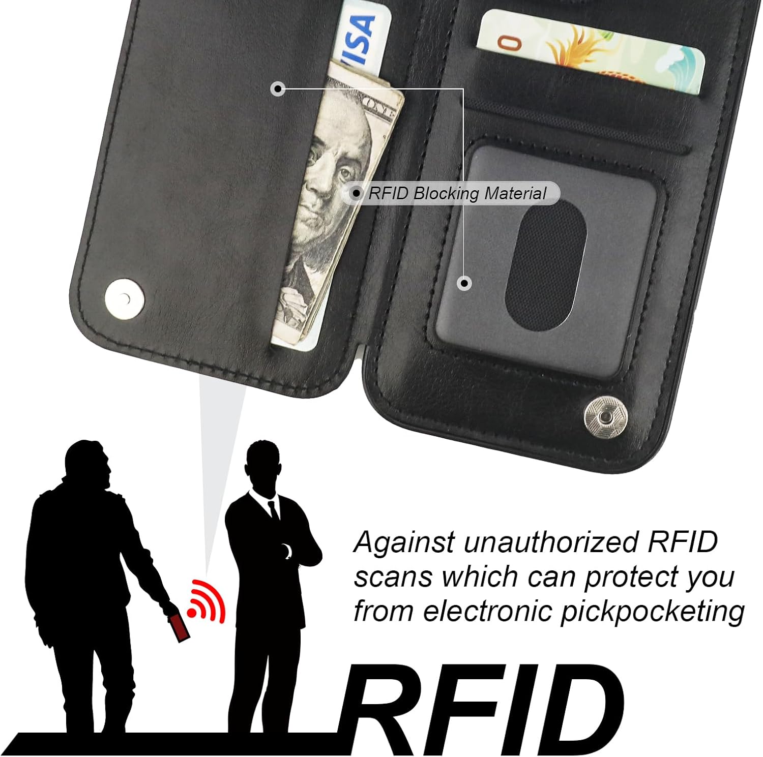 ONETOP for iPhone 15 Wallet Case with Card Holder, 360° Rotation Ring Kickstand RFID Blocking PU Leather Double Magnetic Clasp Shockproof Cover for Women and Girls 6.1 Inch (Black) - Image 6