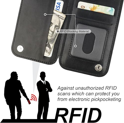 Miniatura 6 de Funda tipo cartera para iPhone 15 Pro con soporte para tarjetas, anillo de rotación de 360, función atril, bloqueo RFID, piel sintética, doble