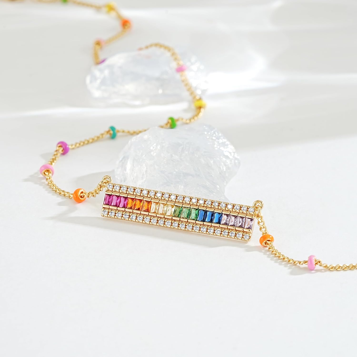 Fettero Dainty 14K Gold Plated Cubic Zirconia Necklaces for Women, Simple Bar Pendant Necklace, Mix-color Rainbow Jewelry Gold Necklace for Women Trendy Gifts - Image 4