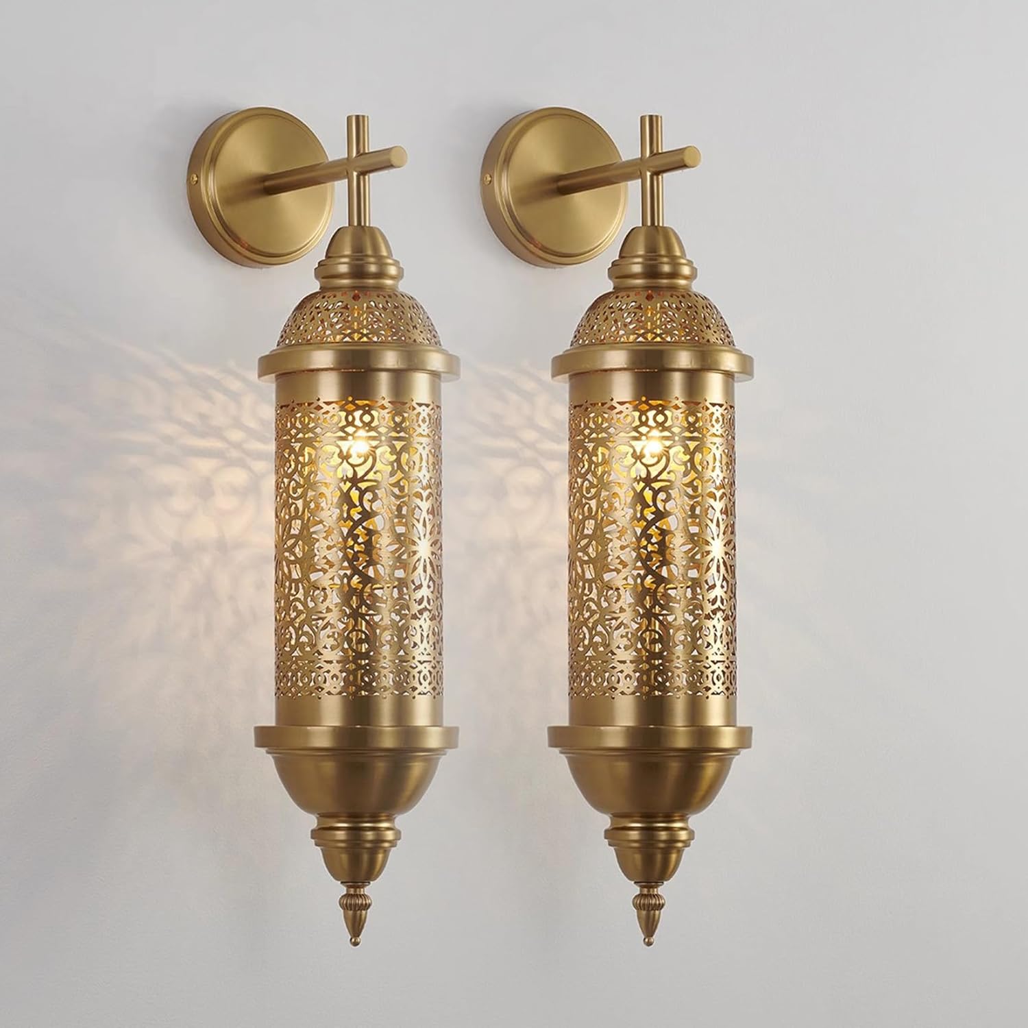 Handmade Moroccan Wall Lamp LED Sconce, Turkish Wall Sconce Vintage Hand Carved Craft Metal Lampshade 24" Height, Frosted Glass Wall Porch Light Wall Lamp for Bedroom Bedside Bar,2pcs,24in